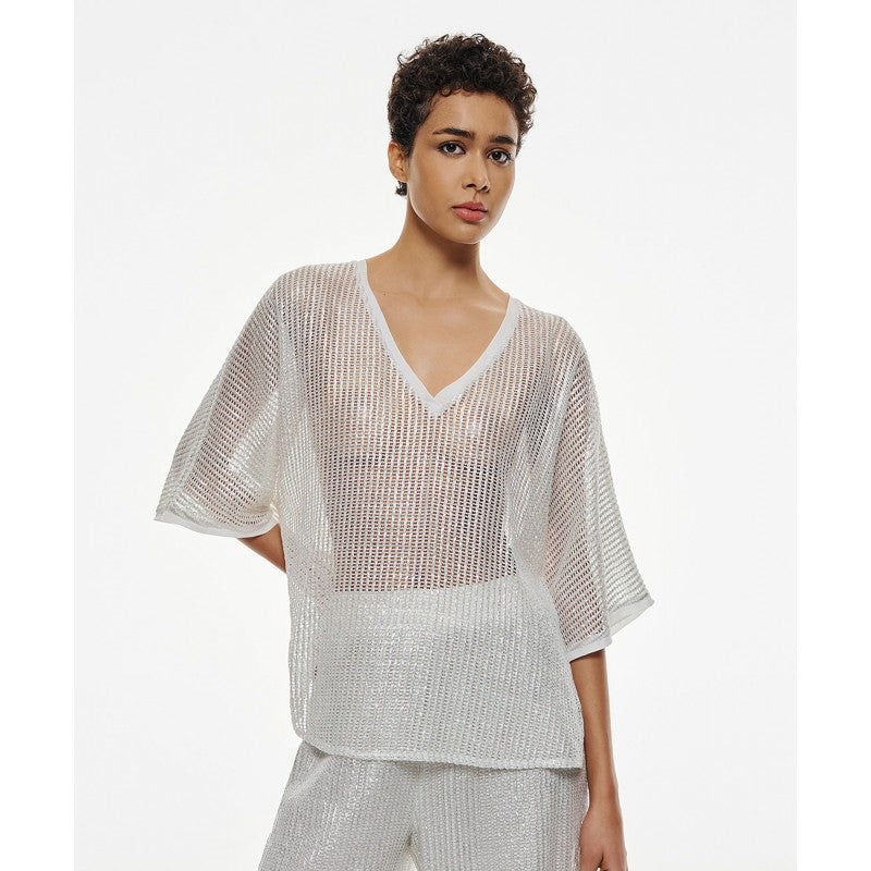 Access Fashion SIlver Metallic Effect V Neck Top