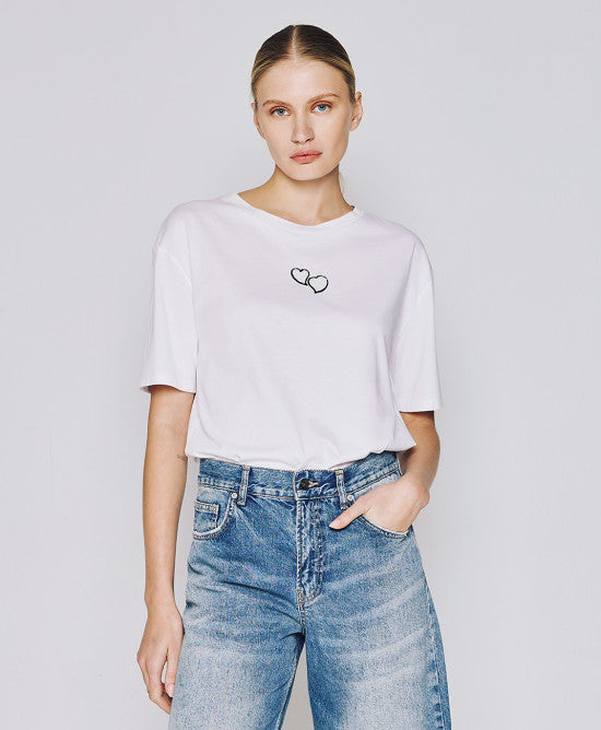 Access Fashion White Tshirt WIth A Print &amp; Heart Embroidery