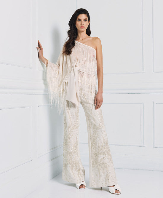 Access Fashion Vanilla One-shoulder Blouse With Fringes