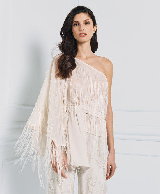 Access Fashion Vanilla One-shoulder Blouse With Fringes