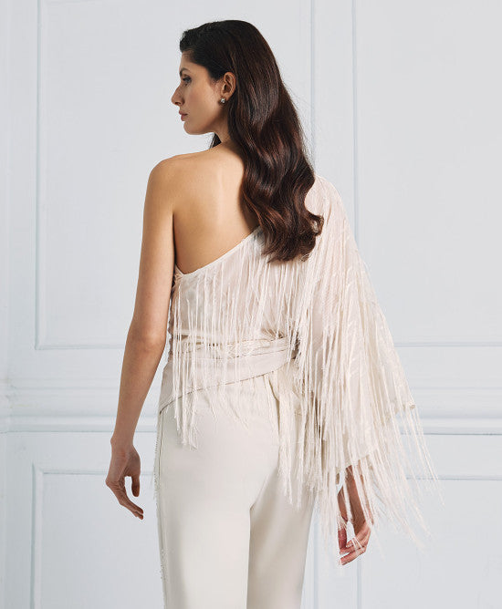 Access Fashion Vanilla One-shoulder Blouse With Fringes