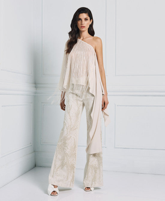 Access Fashion Vanilla One-shoulder Blouse With Fringes