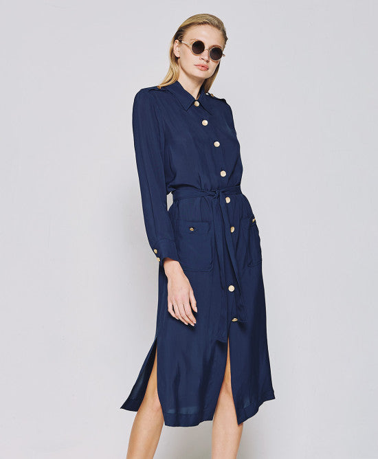 Access Fashion Navy Shirt Dress With Metallic Buttons