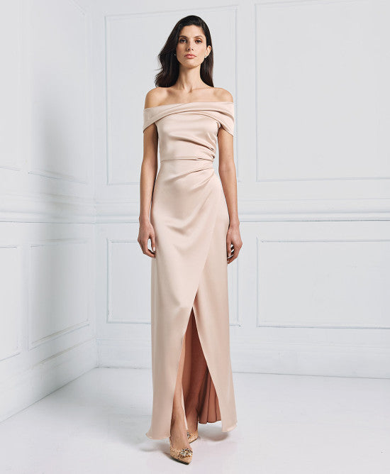 Access Fashion Gold Satin Off The Shoulder Dress