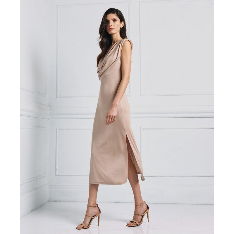 Access Fashion Golden Beige Shimmery Draped Dress