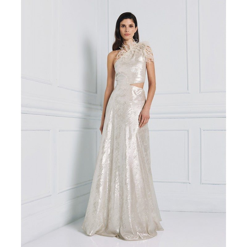 Access Fashion One-Shoulder Long Dress With Feathers