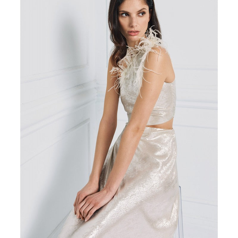 Access Fashion One-Shoulder Long Dress With Feathers