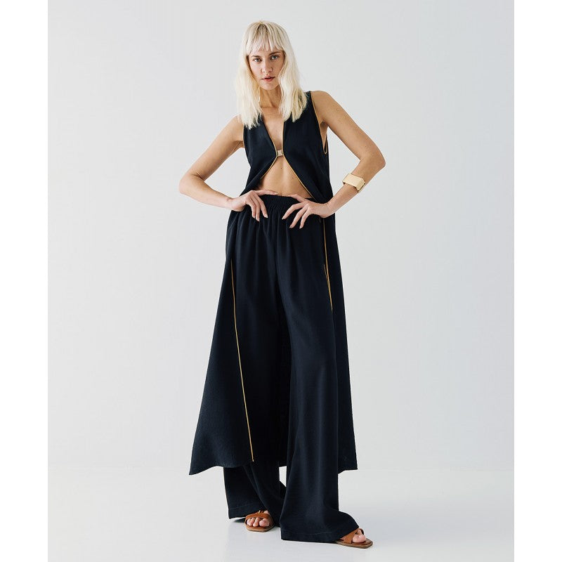 Access Fashion Black Wide Leg Trousers With Gold Piping