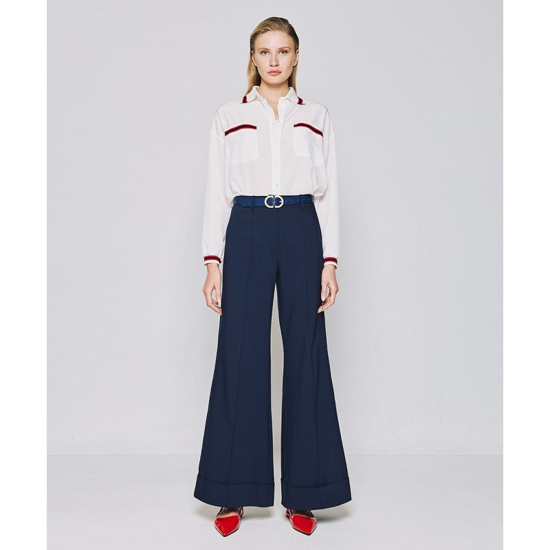 Access Fashion Navy Flare Pants With Turn-up Hemline