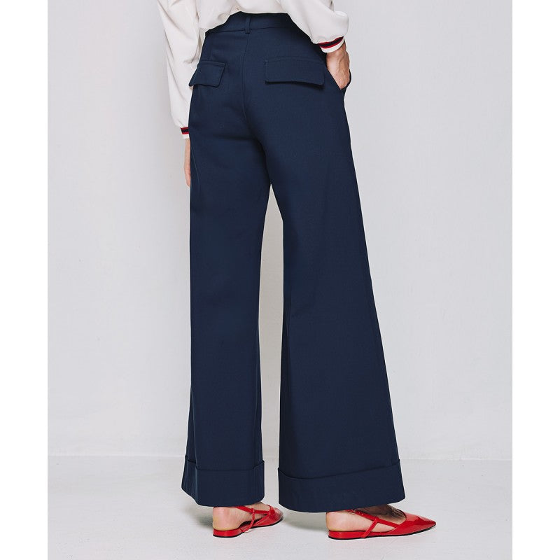 Access Fashion Navy Flare Pants With Turn-up Hemline