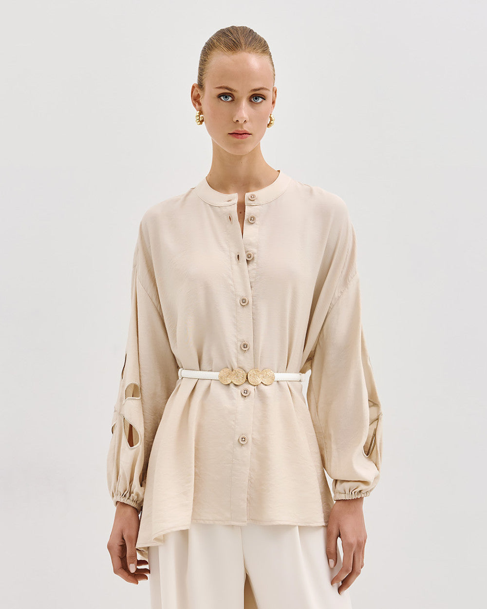 Access Fashion Asymmetrical Sand Shirt With Cut Out.