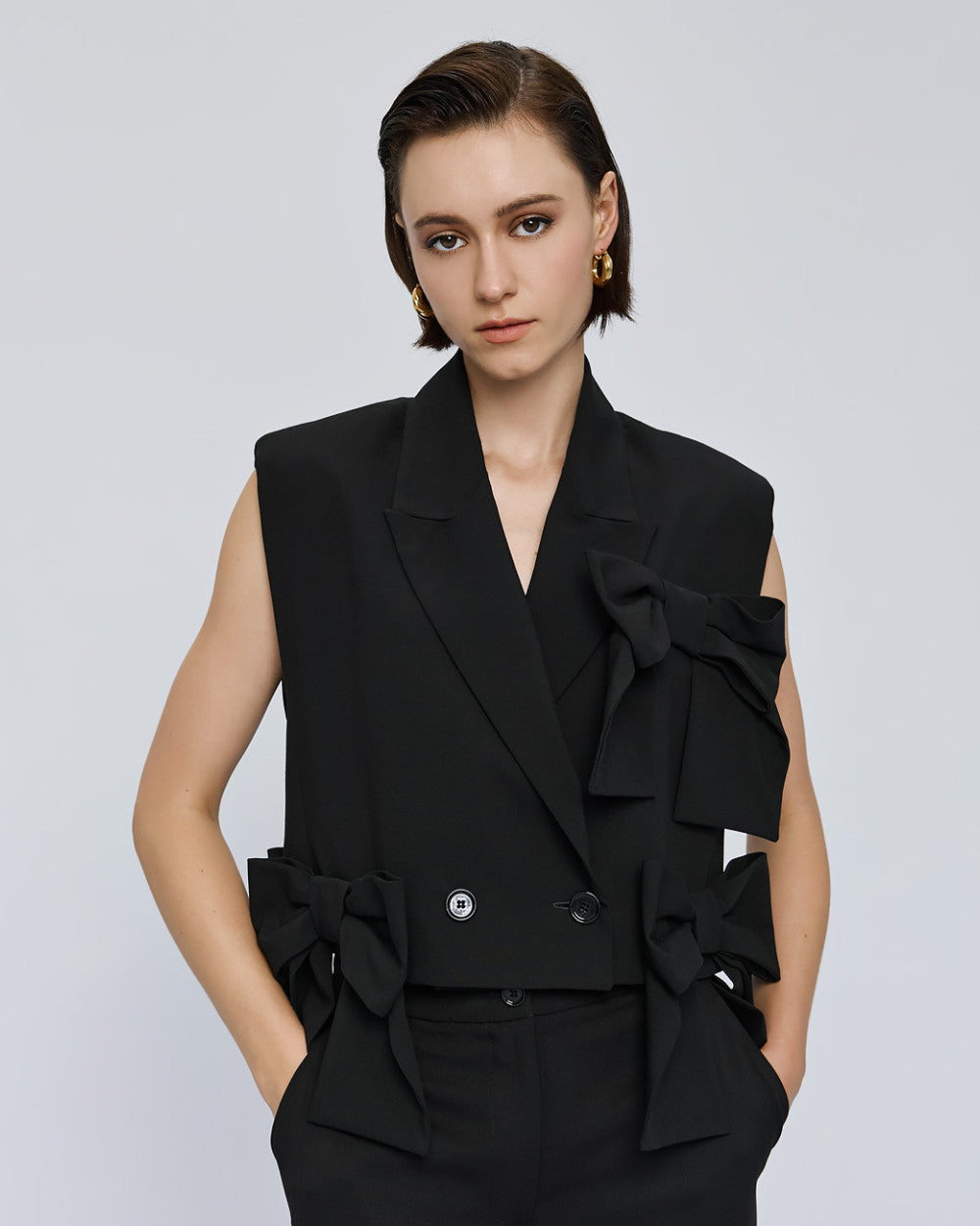 Access Fashion Black Bow-Detail Gilet With Padded Shoulders