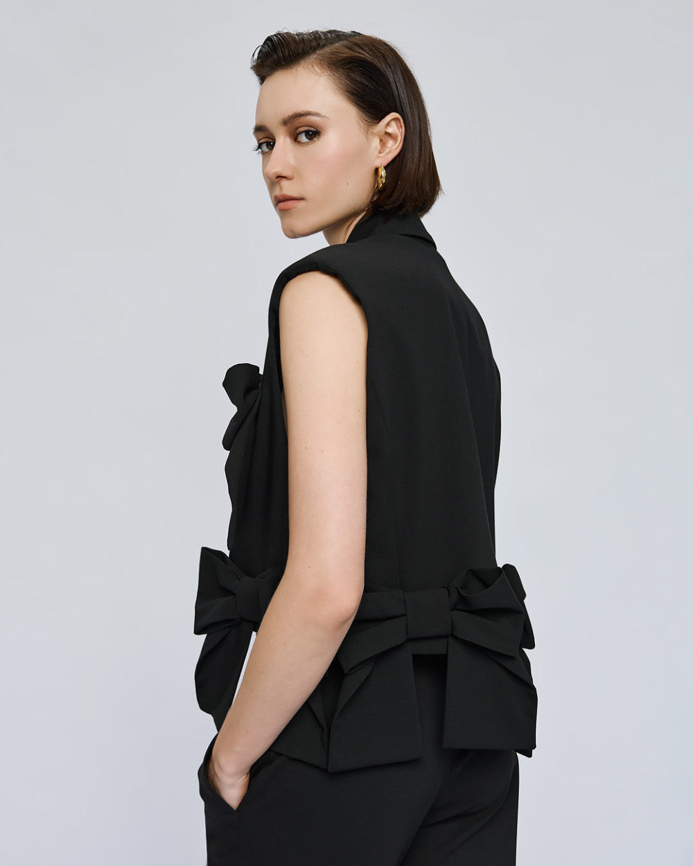 Access Fashion Black Bow-Detail Gilet With Padded Shoulders