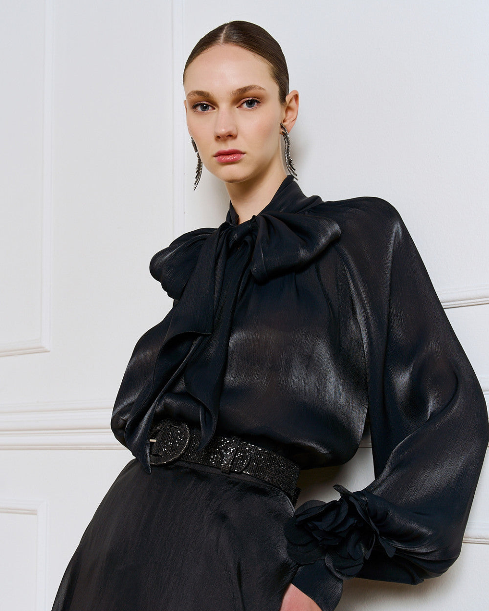 Access Fashion Shimmery Black Blouse With Flower