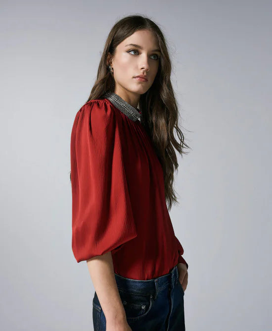 Access Fashion Red Blouse With Shimmering Rhinestones