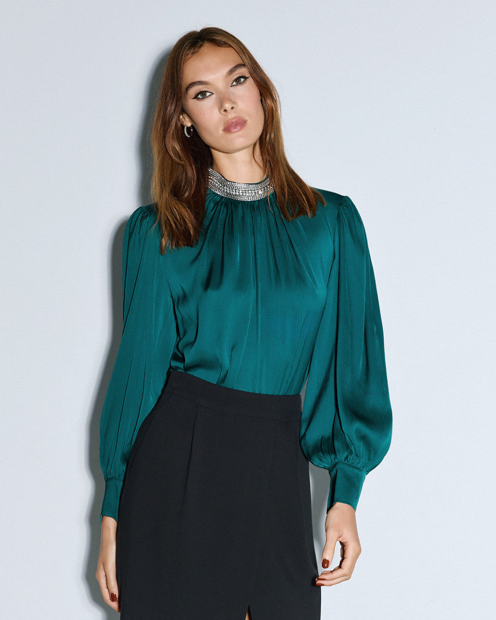 Access Fashion Shimmery Green Blouse With Rhinestones