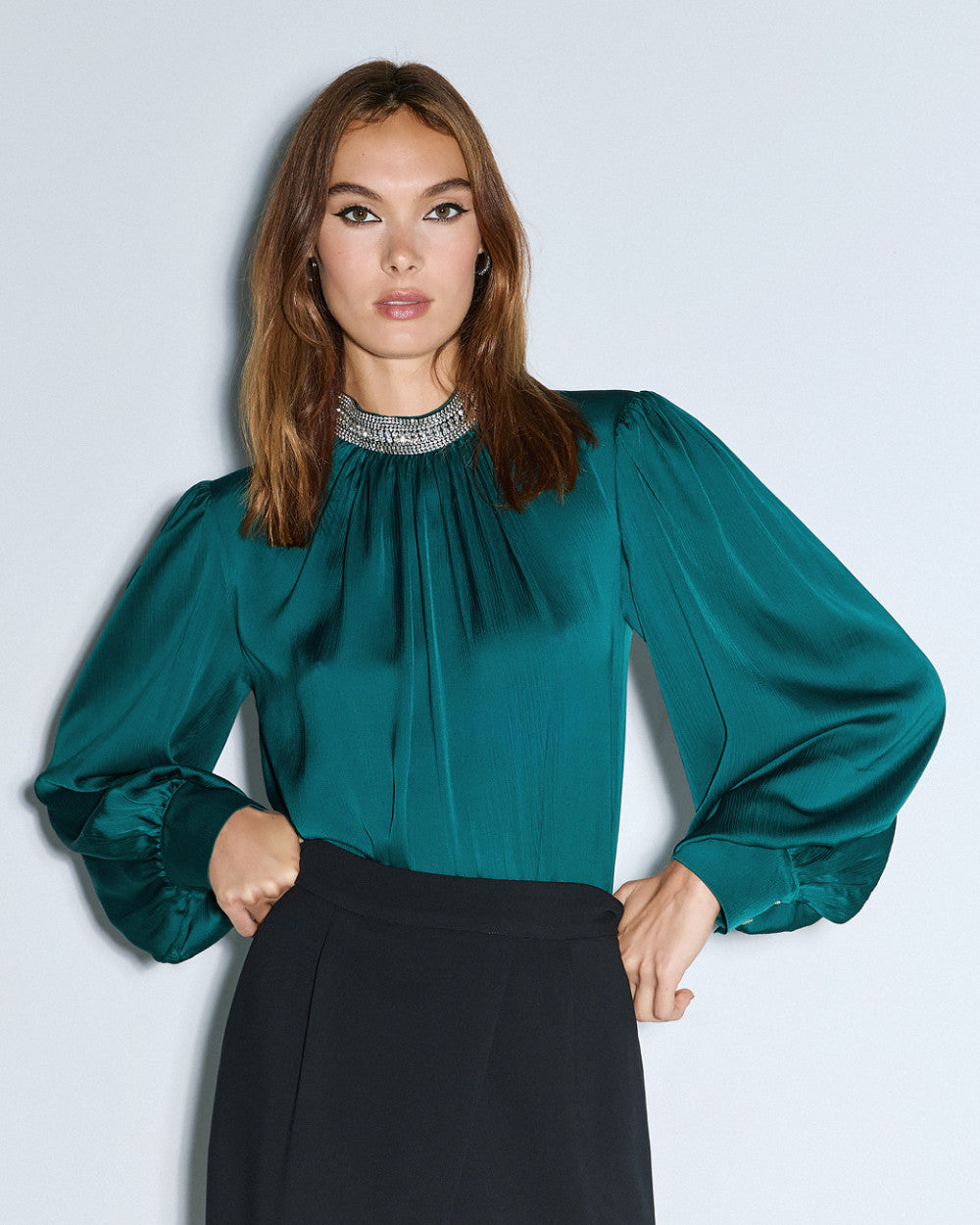 Access Fashion Shimmery Green Blouse With Rhinestones