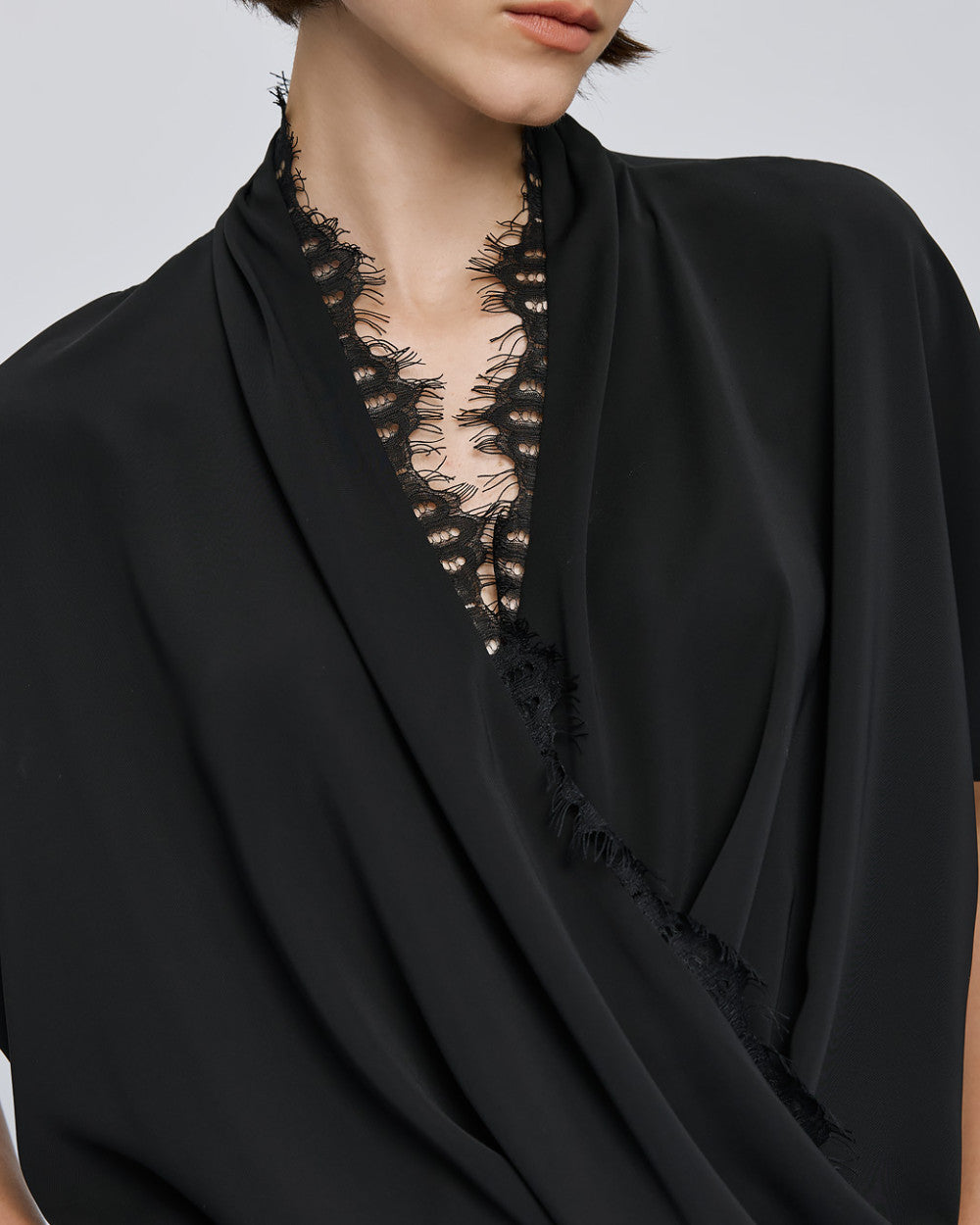 Access Fashion Wrap Black Blouse With Lace
