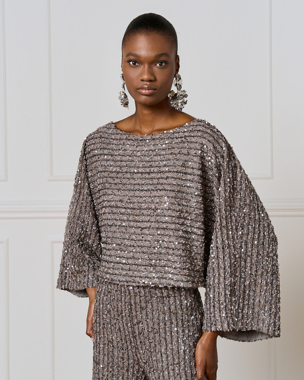 Access Fashion Silver Striped Sequin Boat Neck Blouse