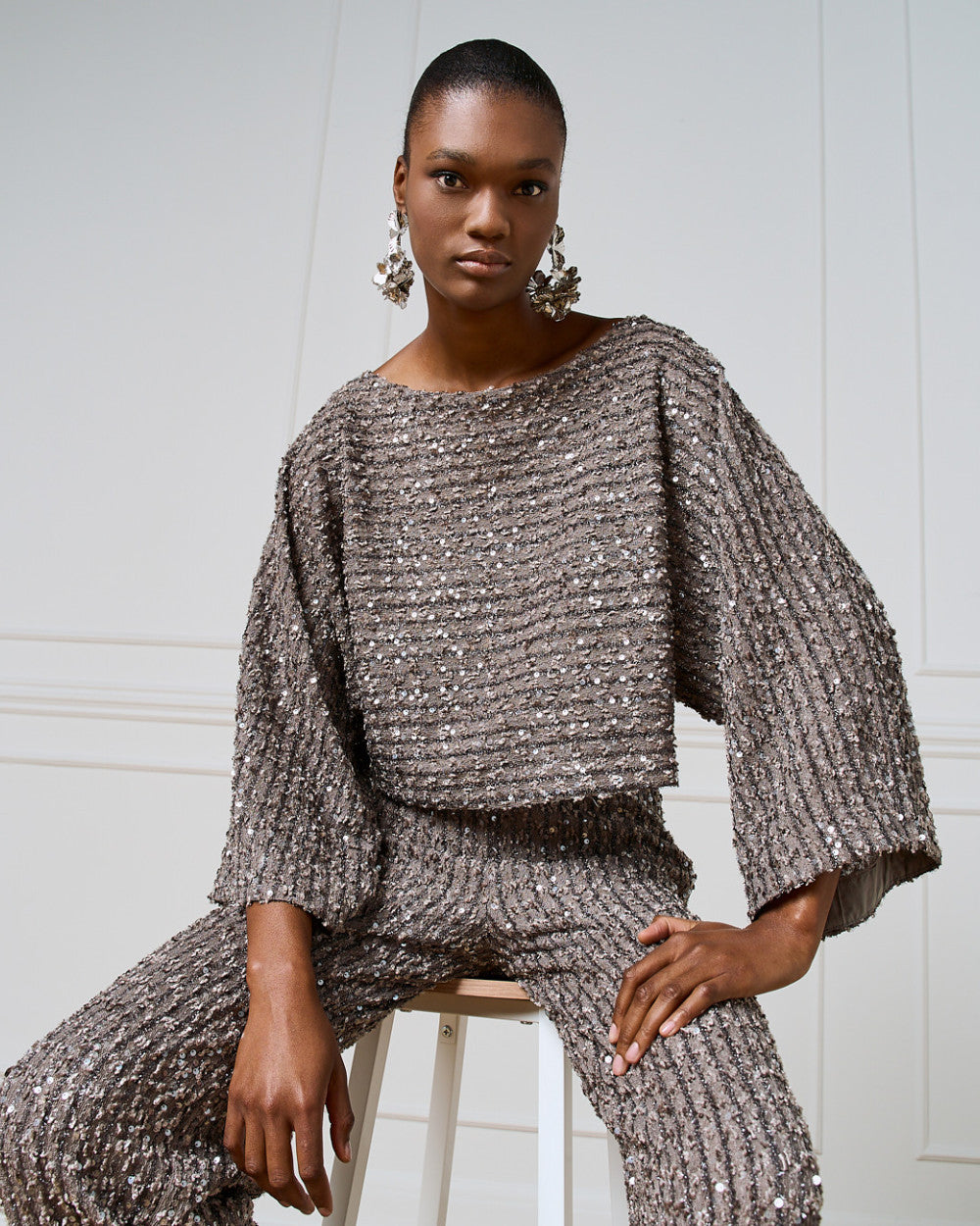 Access Fashion Silver Striped Sequin Boat Neck Blouse