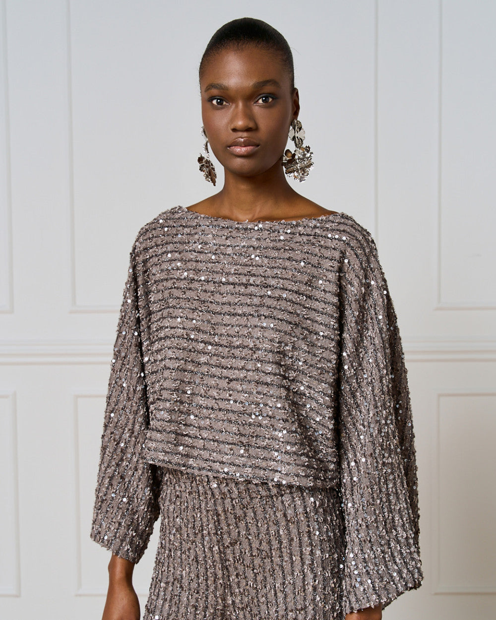 Access Fashion Silver Striped Sequin Boat Neck Blouse