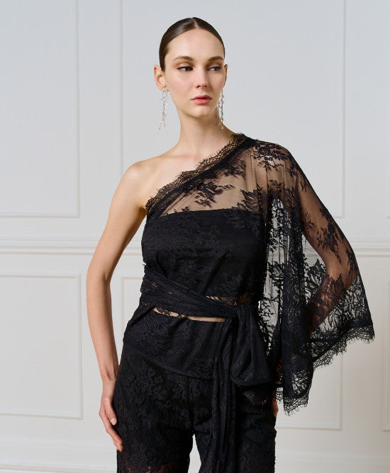 Access Fashion One Shoulder Black Lace Blouse