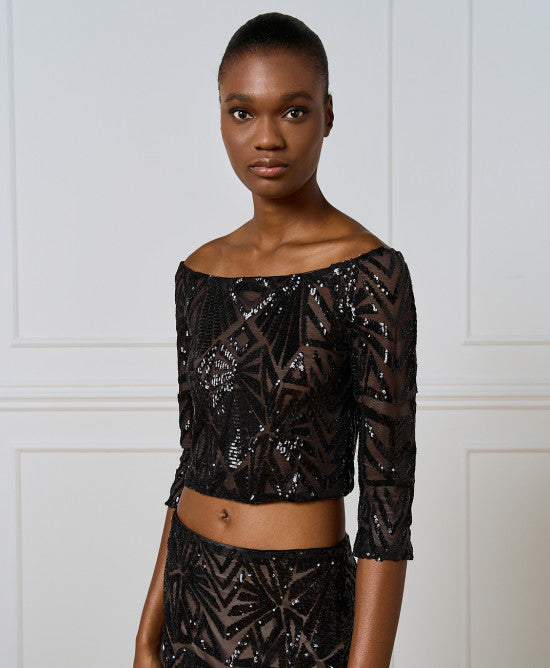 Access Fashion Cropped Sequin Mesh Top With Sequins