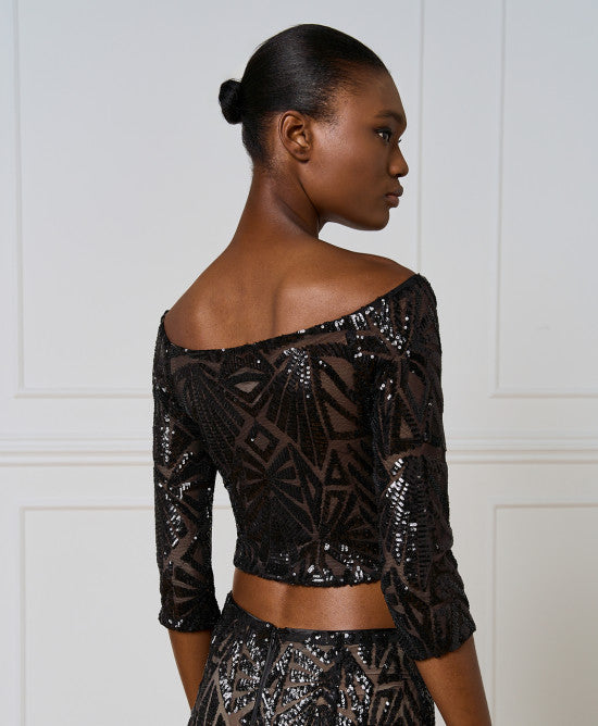 Access Fashion Cropped Sequin Mesh Top With Sequins