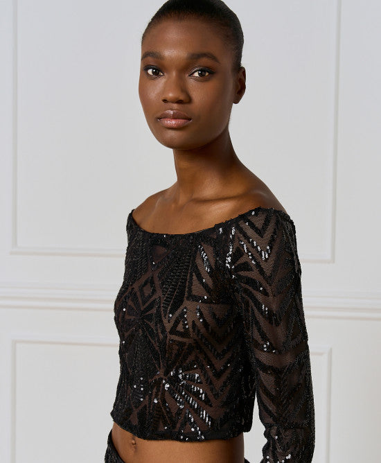 Access Fashion Cropped Sequin Mesh Top With Sequins