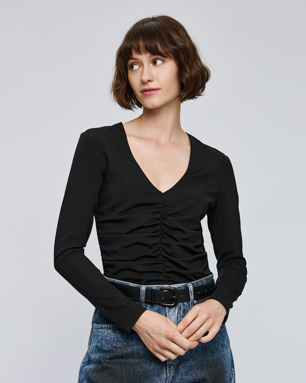 Access Fashion Black V-Neck Gathered Front Long Sleeve Top