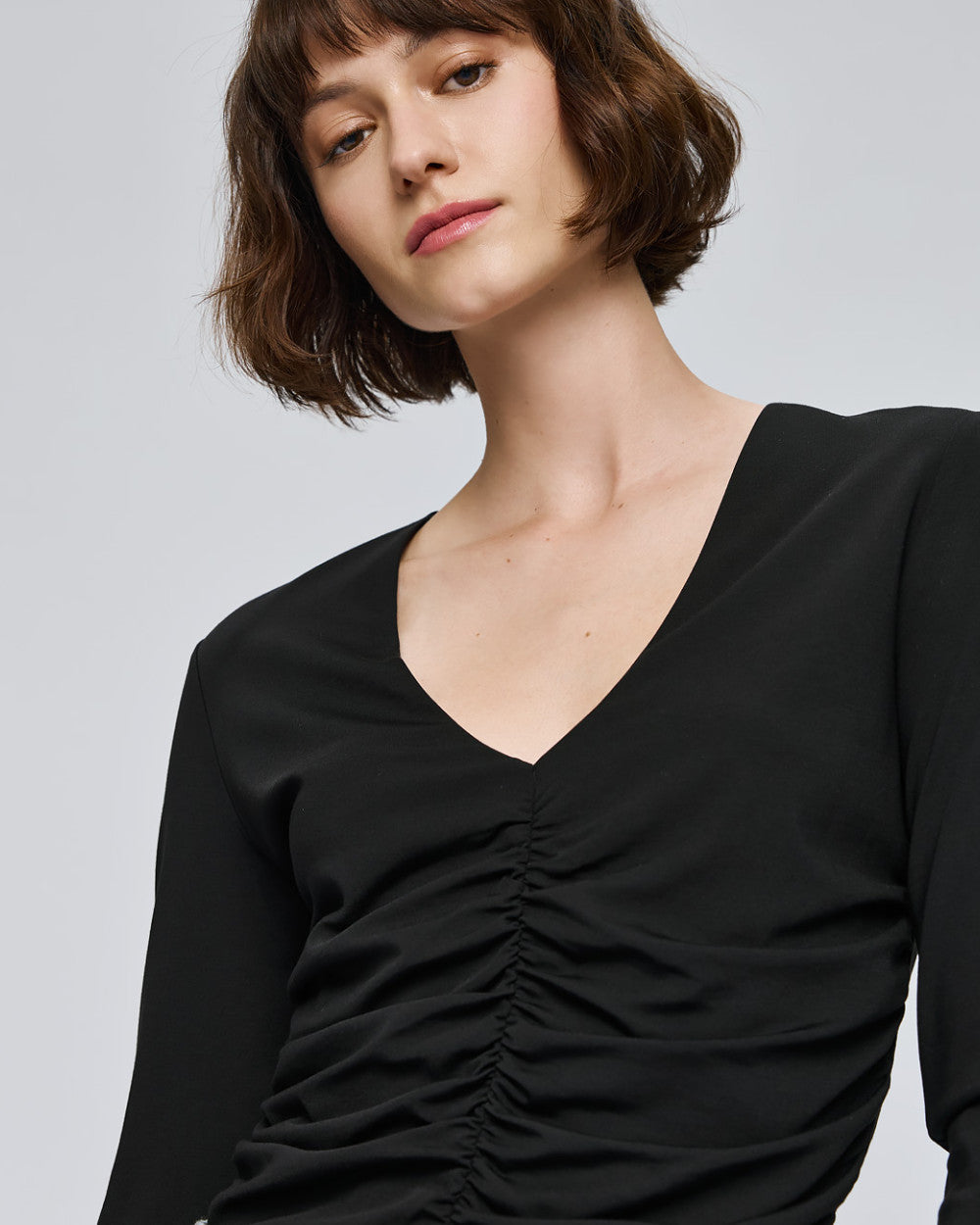 Access Fashion Black V-Neck Gathered Front Long Sleeve Top
