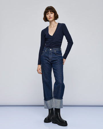 Access Fashion Navy V-Neck Gathered Front Long Sleeve Top