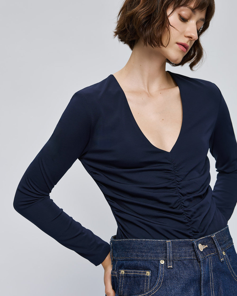 Access Fashion Navy V-Neck Gathered Front Long Sleeve Top