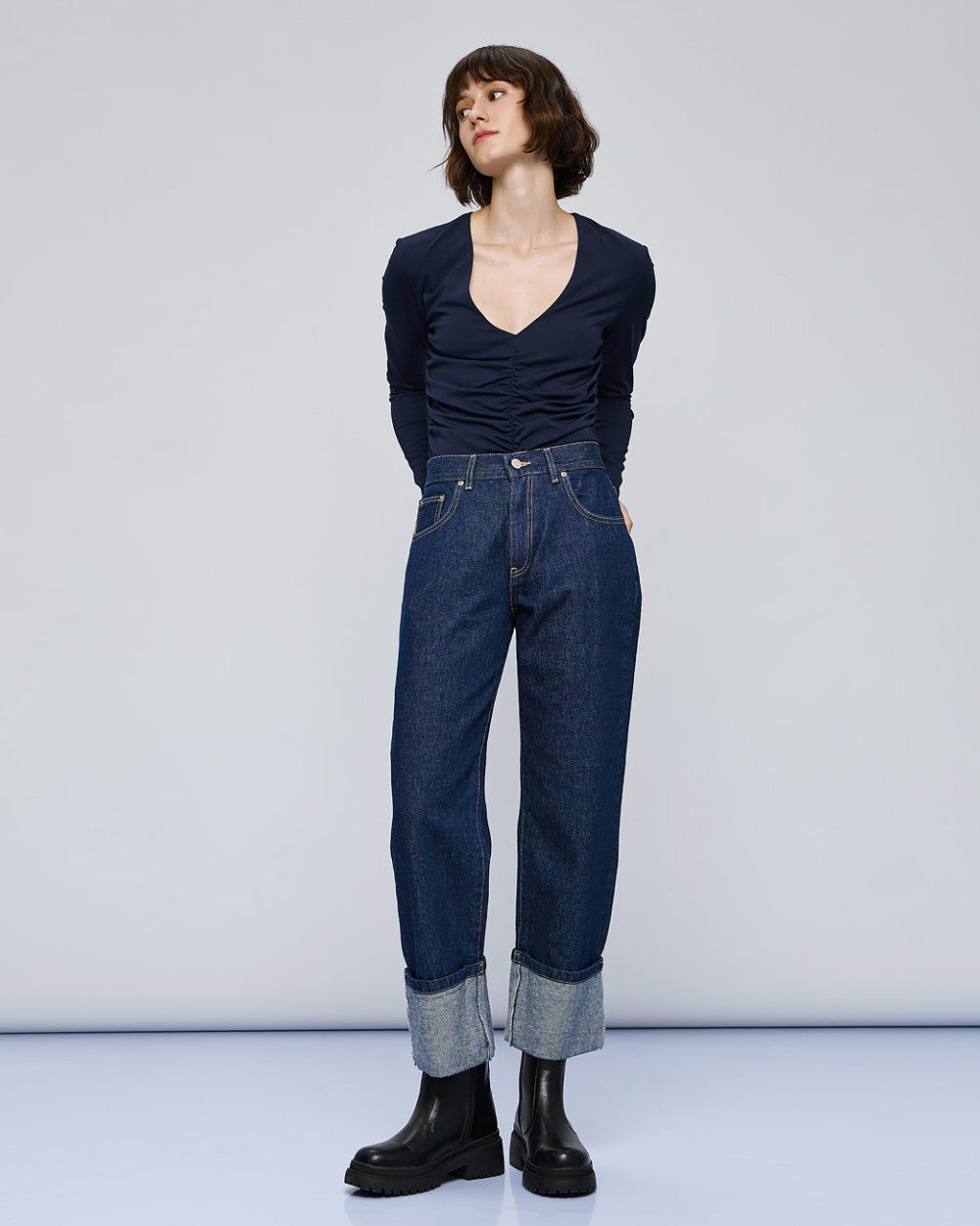 Access Fashion Navy V-Neck Gathered Front Long Sleeve Top