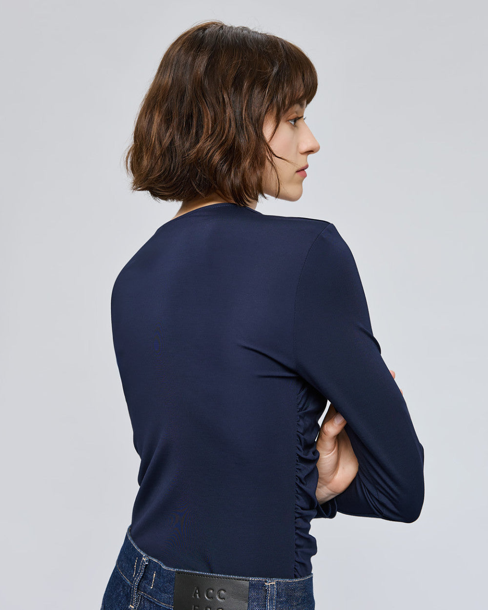 Access Fashion Navy V-Neck Gathered Front Long Sleeve Top