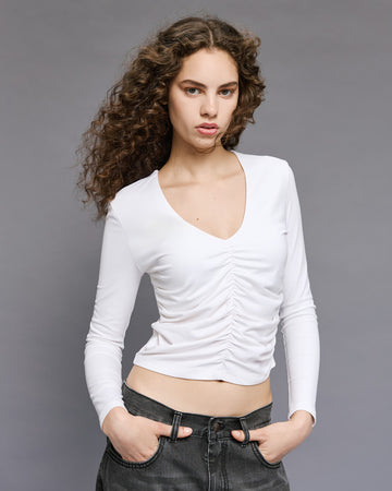 Access Fashion White V-Neck Gathered Front Long Sleeve Top