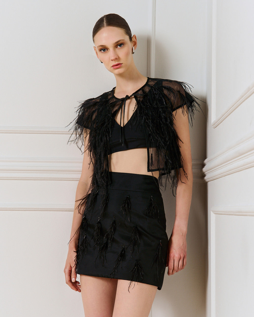 Access Fashion Black See-Through Feather Shrug With Front Tie