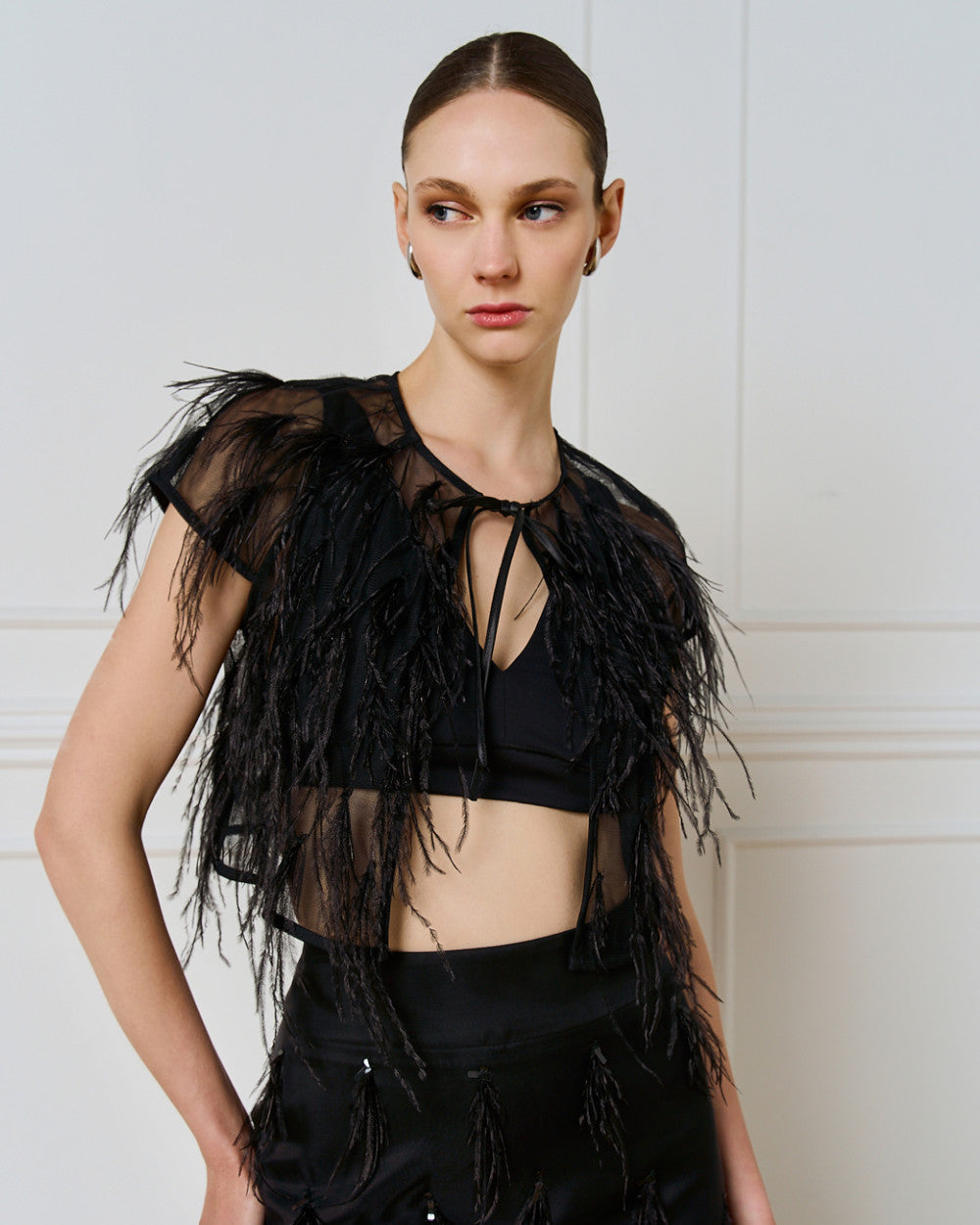 Access Fashion Black See-Through Feather Shrug With Front Tie