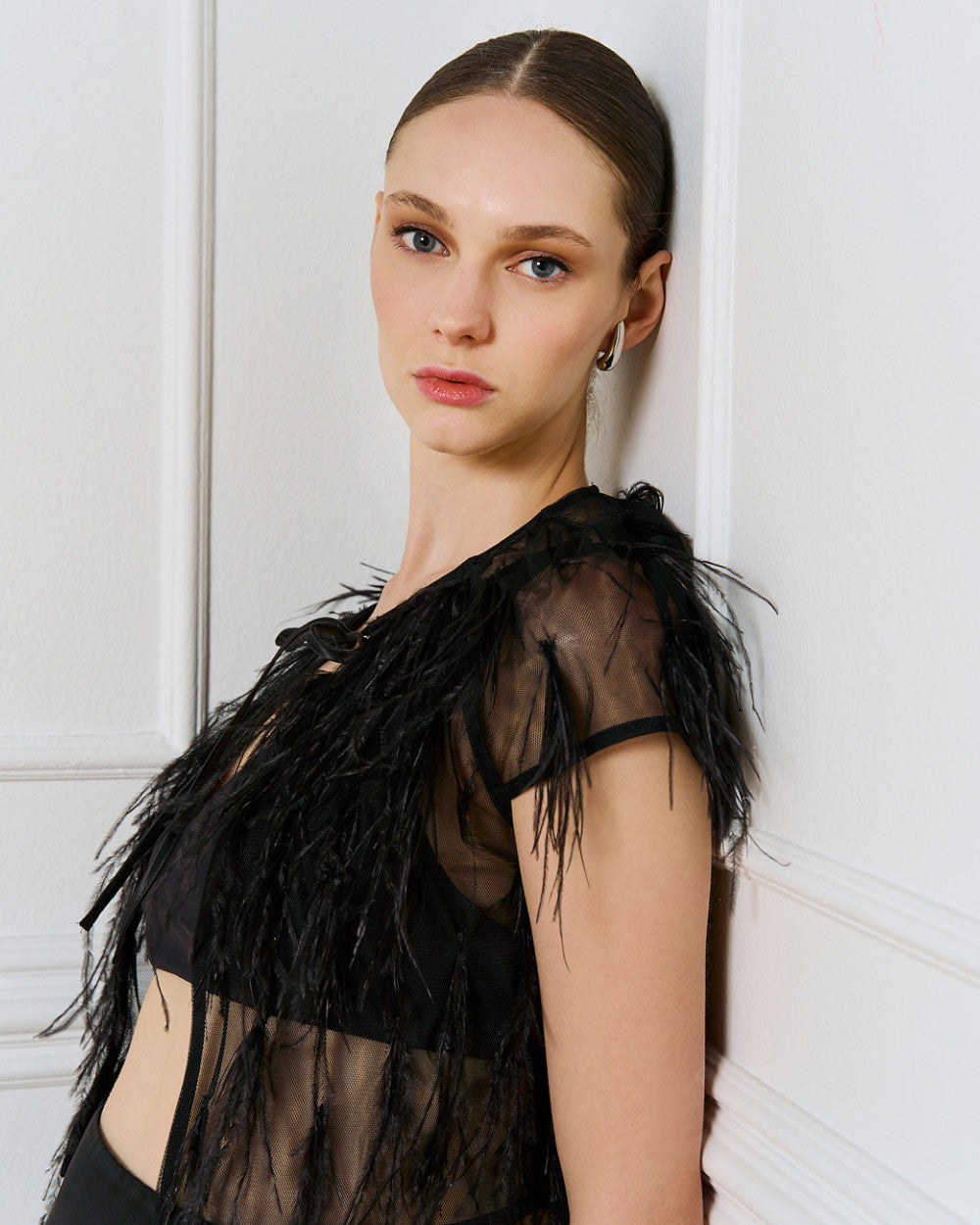 Access Fashion Black See-Through Feather Shrug With Front Tie