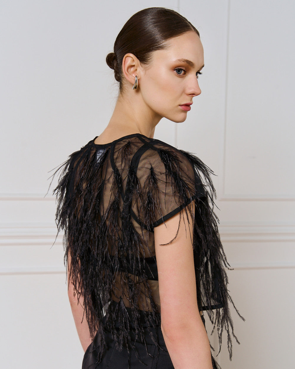 Access Fashion Black See-Through Feather Shrug With Front Tie