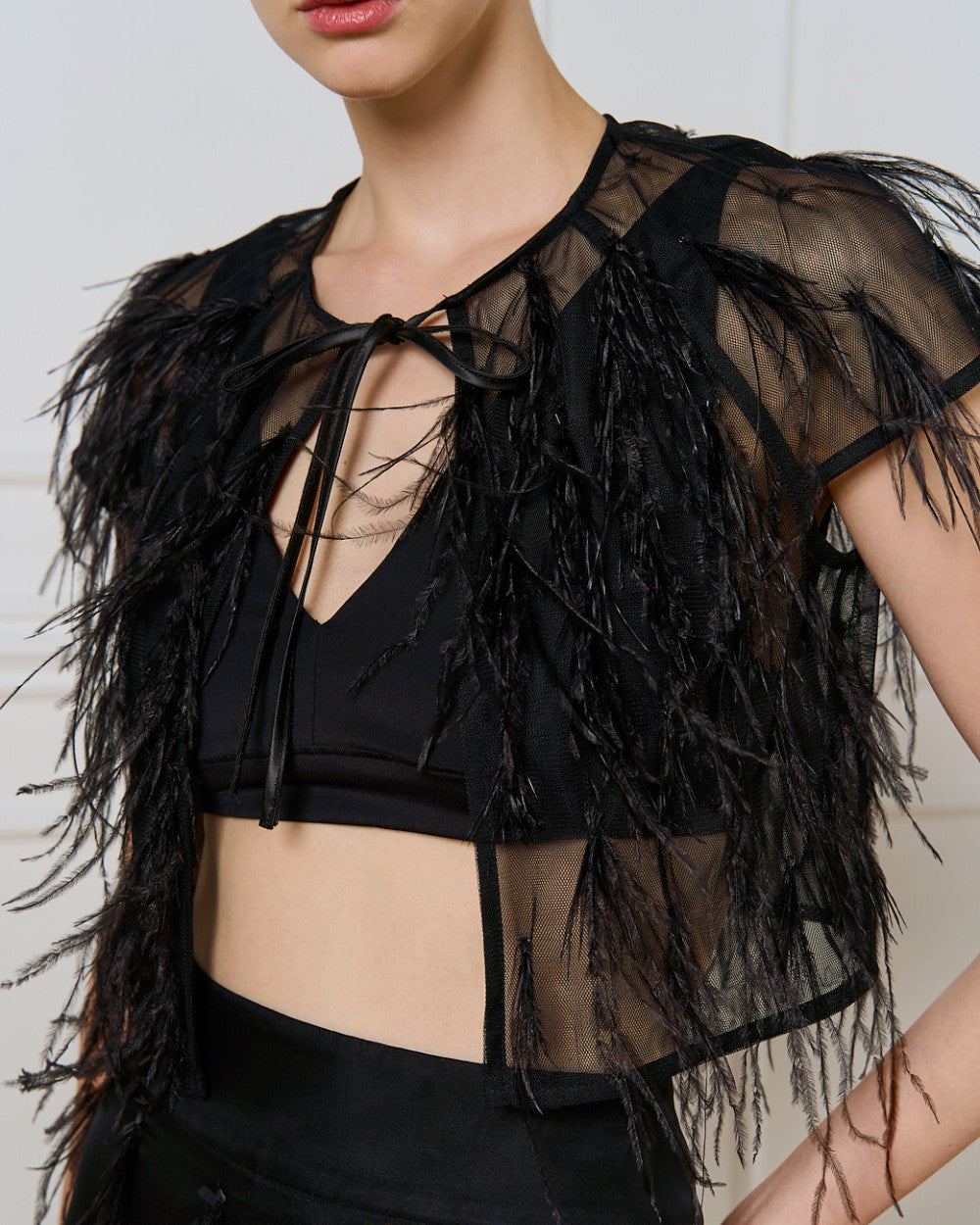Access Fashion Black See-Through Feather Shrug With Front Tie