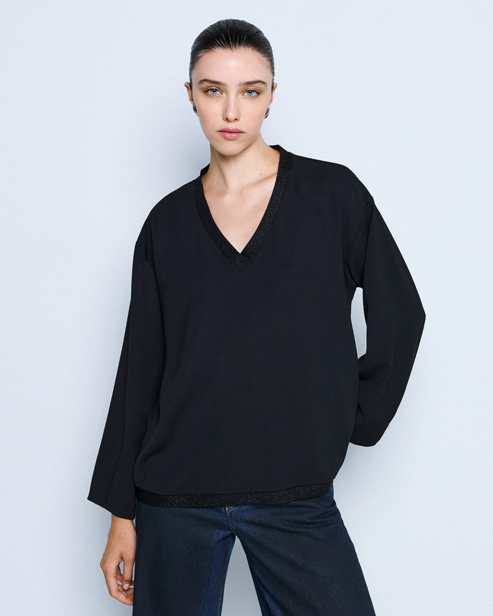 Access Fashion Lurex-Detail Puff-Sleeve Long-Sleeve Blouse