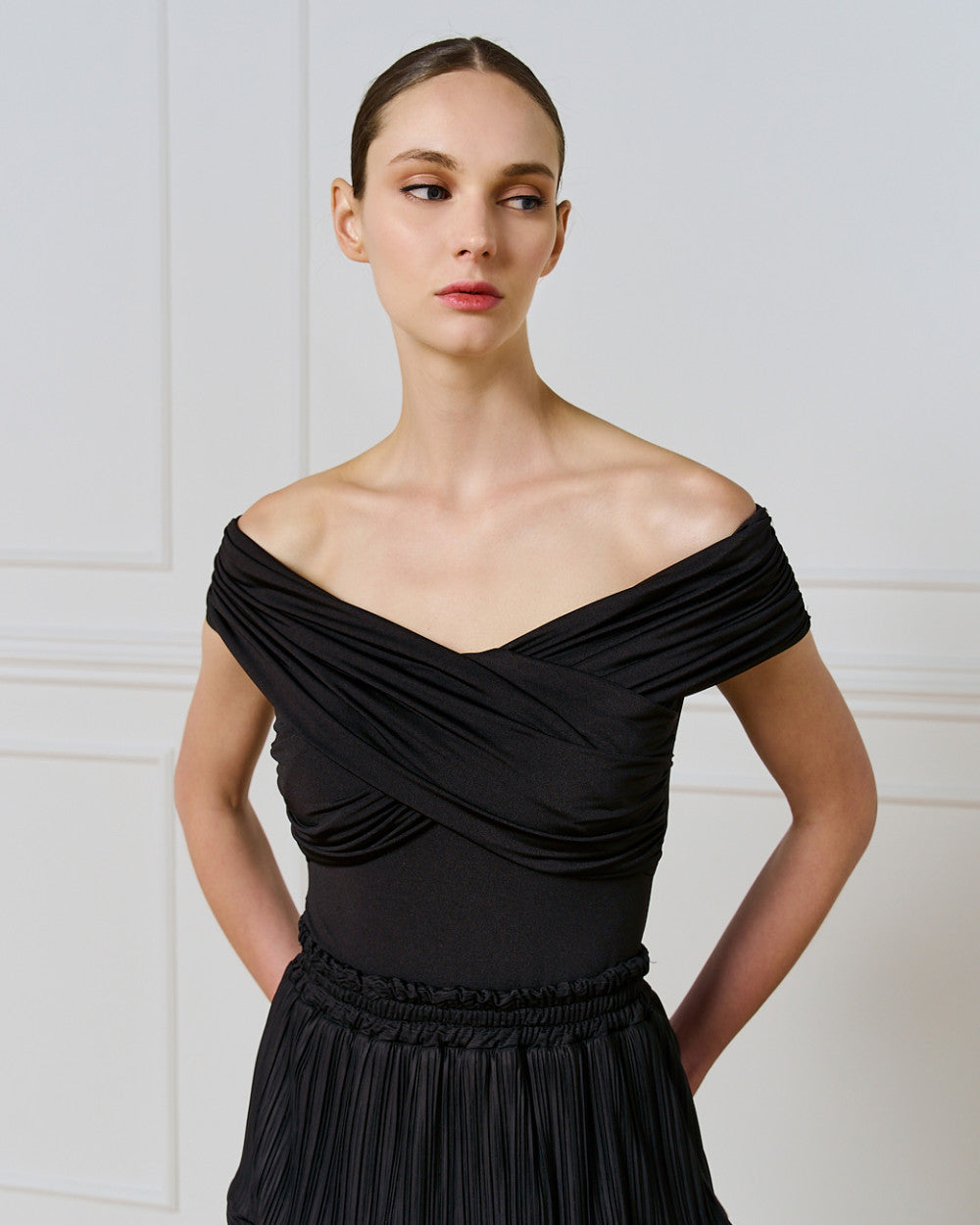 Access Fashion Wrap Off The Shoulder Black Bodysuit