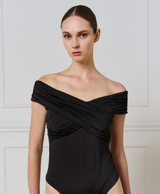 Access Fashion Wrap Off The Shoulder Black Bodysuit