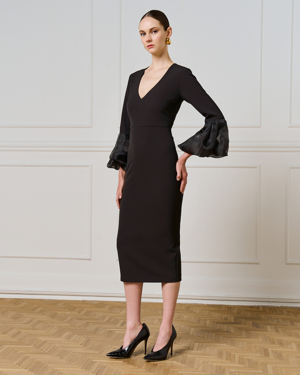 Access Fashion Elegant V-Neck Midi Dress With Balloon Sleeve Cuffs