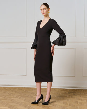 Access Fashion Elegant V-Neck Midi Dress With Balloon Sleeve Cuffs