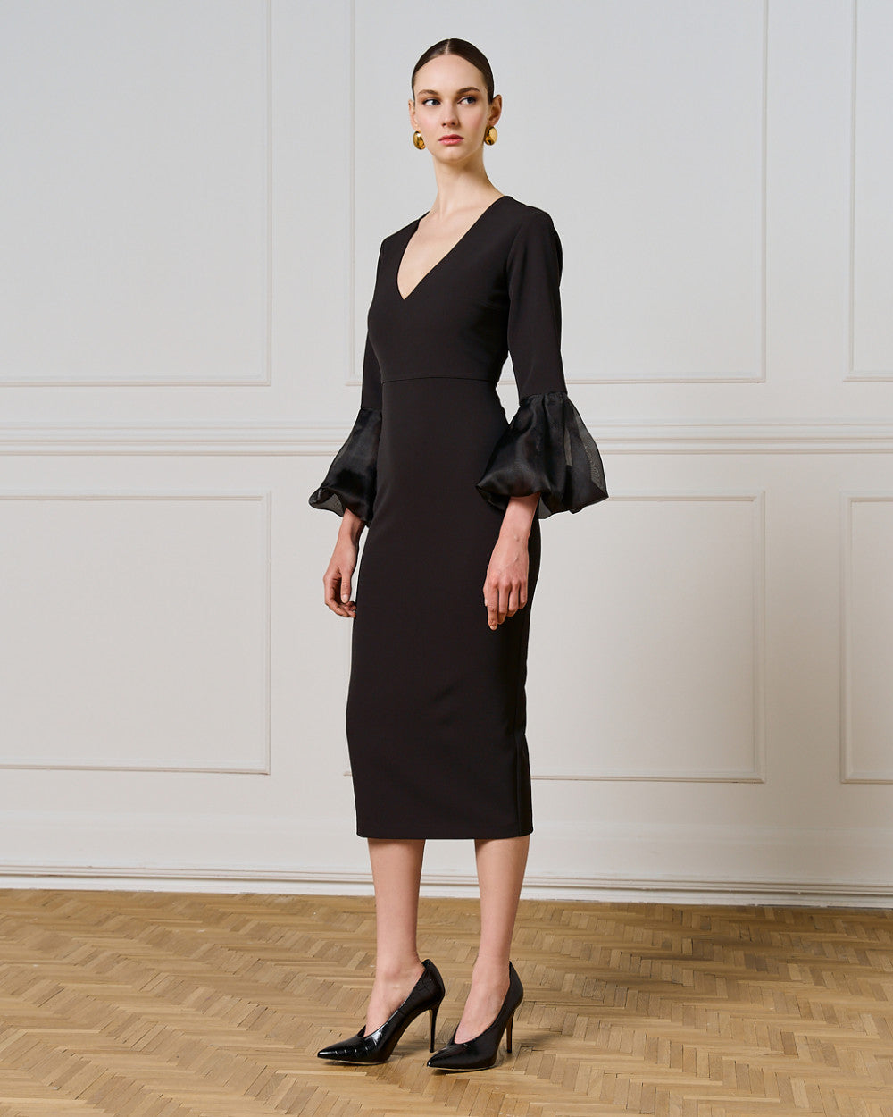 Access Fashion Elegant V-Neck Midi Dress With Balloon Sleeve Cuffs