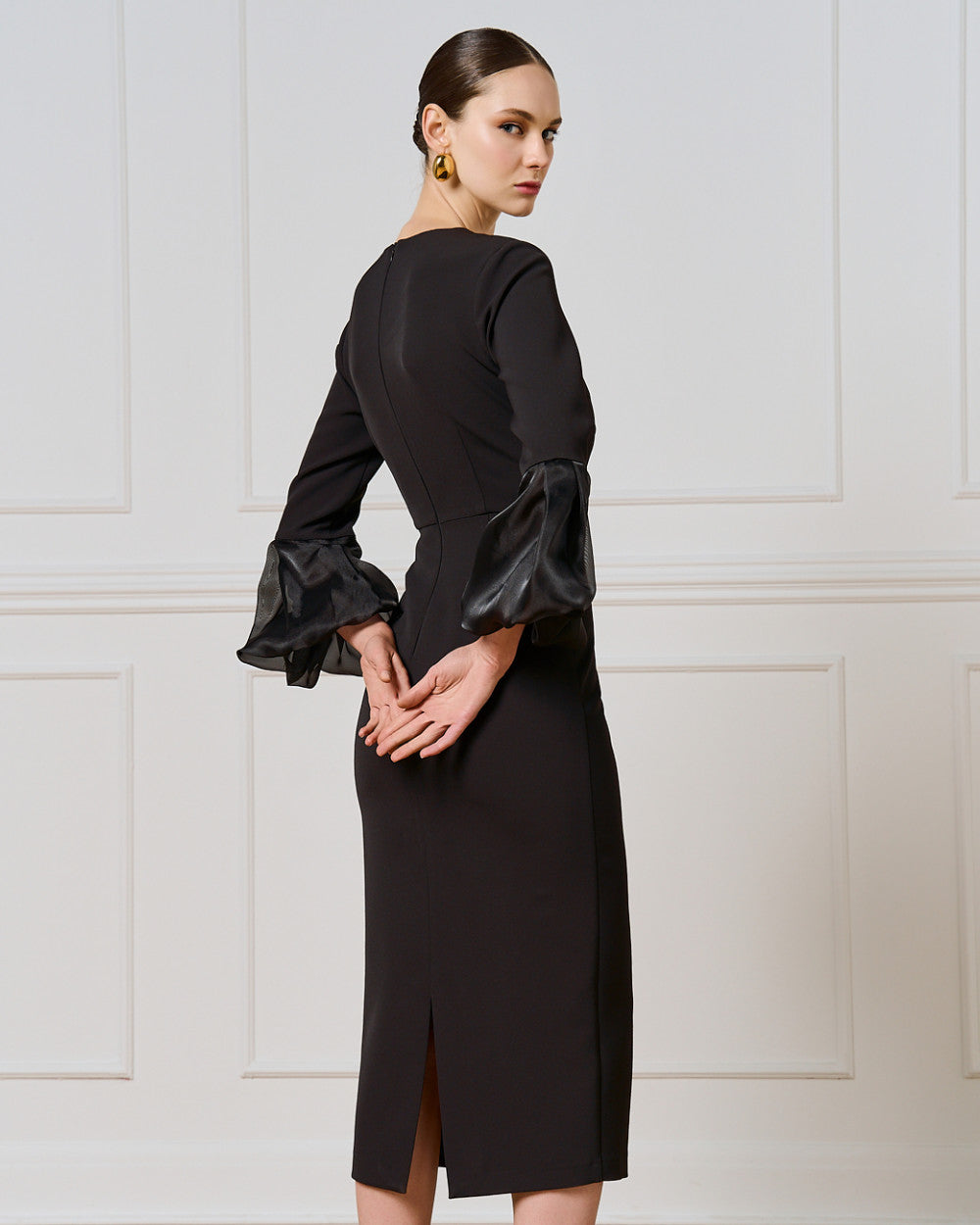 Access Fashion Elegant V-Neck Midi Dress With Balloon Sleeve Cuffs