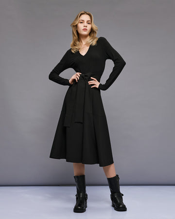 Access Fashion Black Long Sleeve V-Neck Belted Midi Dress