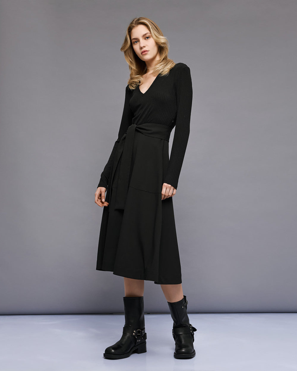Access Fashion Black Long Sleeve V-Neck Belted Midi Dress